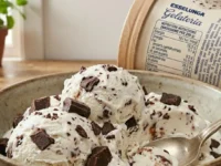Coppa di gelato extra cioccolato Esselunga in primo piano in cucina con logo del marchio a sinistra