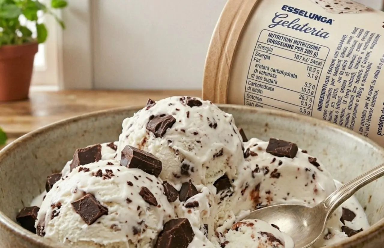 Coppa di gelato extra cioccolato Esselunga in primo piano in cucina con logo del marchio a sinistra
