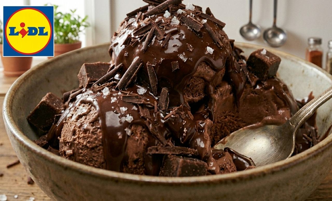 Coppa di gelato extra cioccolato Gelatelli Lidl in primo piano in una cucina