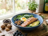 Una ciotola azzurra con filetto di salmone alla griglia, avocado, uovo sodo, mirtilli e noci su un tavolo di legno accanto a pezzetti di cioccolato fondente.