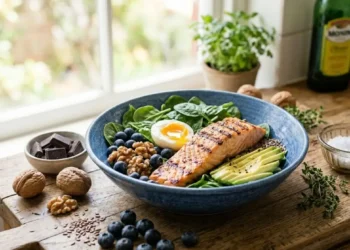 Una ciotola azzurra con filetto di salmone alla griglia, avocado, uovo sodo, mirtilli e noci su un tavolo di legno accanto a pezzetti di cioccolato fondente.