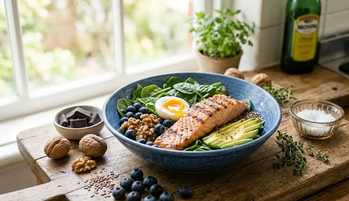 Una ciotola azzurra con filetto di salmone alla griglia, avocado, uovo sodo, mirtilli e noci su un tavolo di legno accanto a pezzetti di cioccolato fondente.