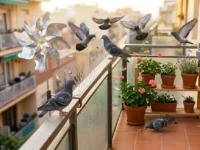 Balcone di un condominio invaso da piccioni con installati diversi rimedi di dissuasione come girandole riflettenti, dissuasori a spillo e un gufo finto.