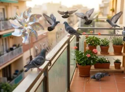 Rimedi efficaci per allontanare i piccioni dal balcone Balcone di un condominio invaso da piccioni con installati diversi rimedi di dissuasione come girandole riflettenti, dissuasori a spillo e un gufo finto.