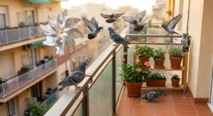 Rimedi efficaci per allontanare i piccioni dal balcone Balcone di un condominio invaso da piccioni con installati diversi rimedi di dissuasione come girandole riflettenti, dissuasori a spillo e un gufo finto.