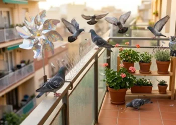 Balcone di un condominio invaso da piccioni con installati diversi rimedi di dissuasione come girandole riflettenti, dissuasori a spillo e un gufo finto.