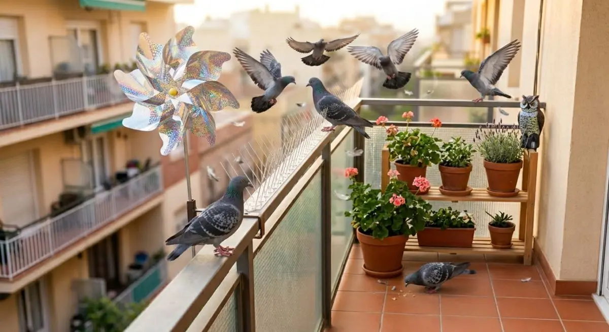 Balcone di un condominio invaso da piccioni con installati diversi rimedi di dissuasione come girandole riflettenti, dissuasori a spillo e un gufo finto.