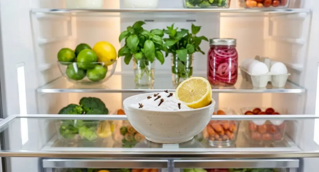 Rimedi naturali per eliminare i cattivi odori dal frigo Un frigorifero pulito e ordinato con una ciotola di bicarbonato, limone e chiodi di garofano in primo piano per eliminare i cattivi odori.
