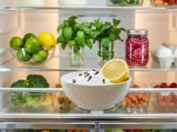 Un frigorifero pulito e ordinato con una ciotola di bicarbonato, limone e chiodi di garofano in primo piano per eliminare i cattivi odori.
