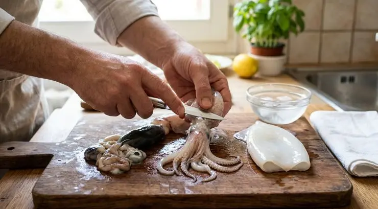 Mani di chef che separano delicatamente la testa dai tentacoli e dalle interiora del calamaro fresco su un tagliere di legno in cucina, durante il primo passaggio di pulizia.