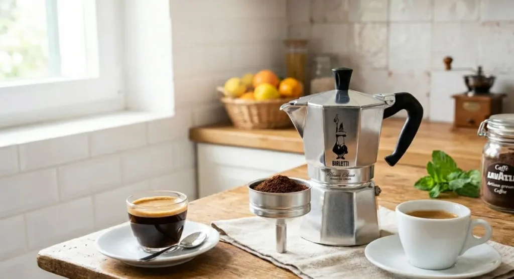 come-pulire-la-moka-ricette Moka classica in alluminio sul tavolo in legno di una cucina luminosa con tazze di caffè espresso e filtri, ideale per la guida alla pulizia della caffettiera.