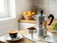 Moka classica in alluminio sul tavolo in legno di una cucina luminosa con tazze di caffè espresso e filtri, ideale per la guida alla pulizia della caffettiera.