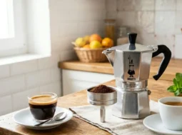 Moka classica in alluminio sul tavolo in legno di una cucina luminosa con tazze di caffè espresso e filtri, ideale per la guida alla pulizia della caffettiera.