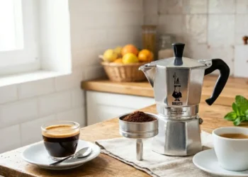 come-pulire-la-moka-ricette Moka classica in alluminio sul tavolo in legno di una cucina luminosa con tazze di caffè espresso e filtri, ideale per la guida alla pulizia della caffettiera.