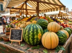 Banco del mercato all'aperto con angurie intere e meloni retati maturi esposti su una struttura in legno