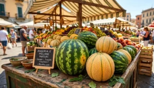 Banco del mercato all'aperto con angurie intere e meloni retati maturi esposti su una struttura in legno