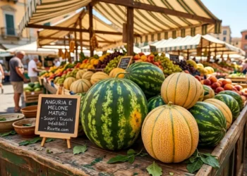 Banco del mercato all'aperto con angurie intere e meloni retati maturi esposti su una struttura in legno