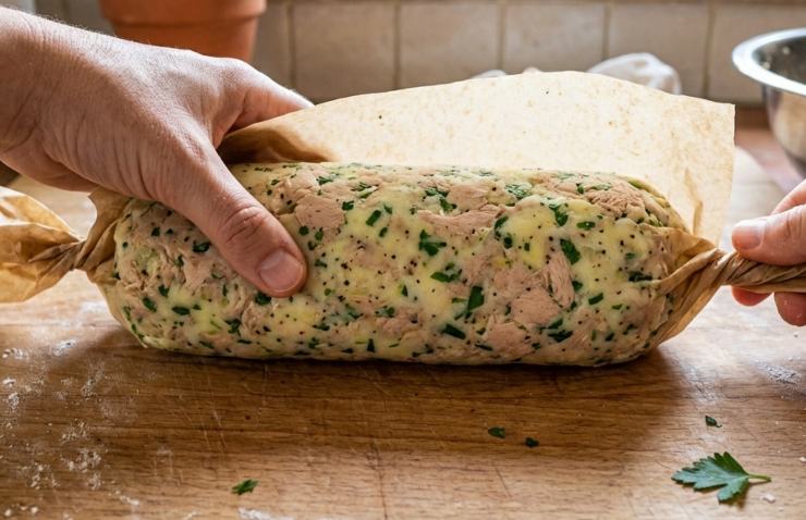 Lavorate l’impasto con le mani fino ad ottenere un composto omogeneo, sodo e lavorabile. Trasferitelo su un foglio di carta da forno: aiutandovi con le mani, modellatelo dando la classica forma cilindrica del polpettone. Avvolgetelo strettamente nella carta sigillando i lati a caramella e riponetelo in frigorifero per almeno un’ora. Intanto preparate l’accompagnamento: lavate le zucchine e tagliatele a listarelle sottili nel senso della lunghezza.
