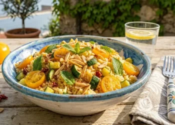 Cous cous sgranato con pomodorini gialli, cubetti di zucchine verdi e foglie di menta in una ciotola di ceramica azzurra.