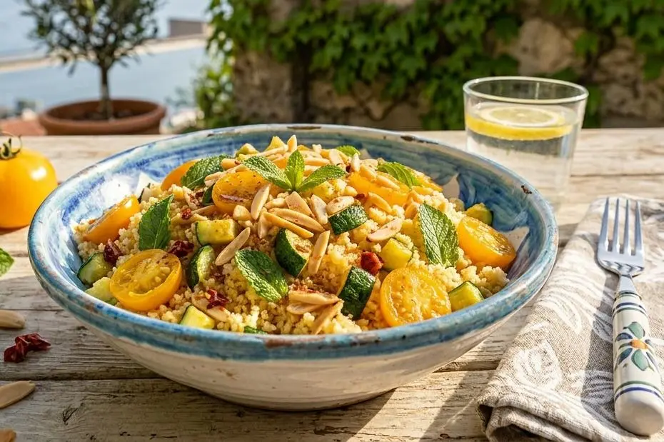 Cous cous sgranato con pomodorini gialli, cubetti di zucchine verdi e foglie di menta in una ciotola di ceramica azzurra.
