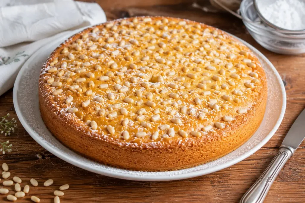 Torta della nonna con crema e pinoli pronta da servire Torta della nonna con pinoli e zucchero a velo servita su piatto bianco rustico.