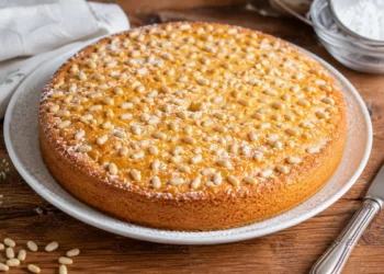 Torta della nonna con pinoli e zucchero a velo servita su piatto bianco rustico.