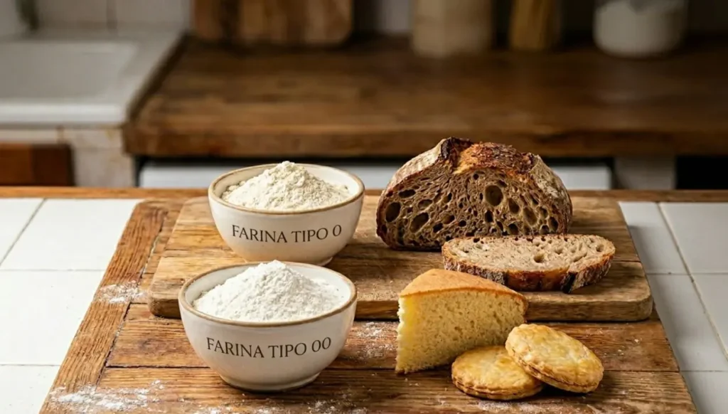 Confronto Farina 0 e Farina 00 Due ciotole con farina tipo 0 e farina tipo 00 su un tavolo in legno con pane e dolci lievitati