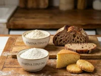 Due ciotole con farina tipo 0 e farina tipo 00 su un tavolo in legno con pane e dolci lievitati