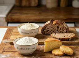 Confronto Farina 0 e Farina 00 Due ciotole con farina tipo 0 e farina tipo 00 su un tavolo in legno con pane e dolci lievitati