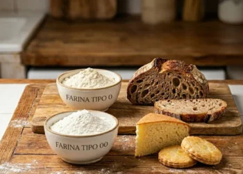 Due ciotole con farina tipo 0 e farina tipo 00 su un tavolo in legno con pane e dolci lievitati
