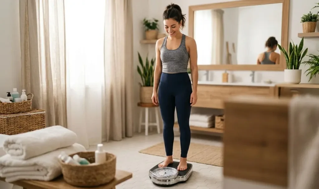 Una donna sorridente in abbigliamento sportivo sale su una bilancia pesapersone in un bagno luminoso per un dimagrimento efficace.