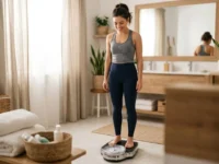 Una donna sorridente in abbigliamento sportivo sale su una bilancia pesapersone in un bagno luminoso per un dimagrimento efficace.