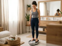 Risultati di un dimagrimento efficace e naturale Una donna sorridente in abbigliamento sportivo sale su una bilancia pesapersone in un bagno luminoso per un dimagrimento efficace.