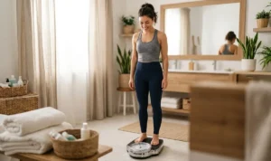 Una donna sorridente in abbigliamento sportivo sale su una bilancia pesapersone in un bagno luminoso per un dimagrimento efficace.