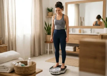 Una donna sorridente in abbigliamento sportivo sale su una bilancia pesapersone in un bagno luminoso per un dimagrimento efficace.