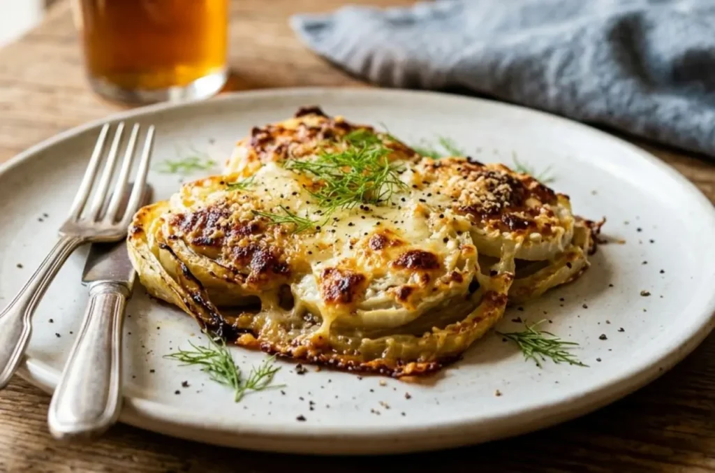 finocchi-alla-parmigiana-veloci-piatto Porzione di finocchi alla parmigiana con crosticina di formaggio dorata e filante, serviti su un piatto di ceramica bianca.