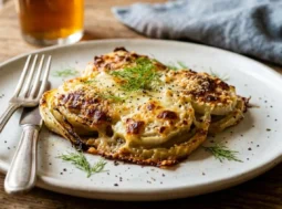 Porzione di finocchi alla parmigiana con crosticina di formaggio dorata e filante, serviti su un piatto di ceramica bianca.