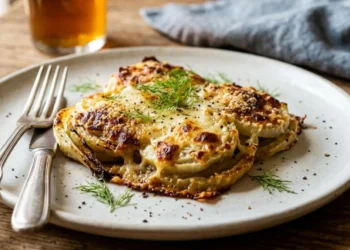 Porzione di finocchi alla parmigiana con crosticina di formaggio dorata e filante, serviti su un piatto di ceramica bianca.
