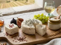Selezione di formaggi di riso vegani artigianali con erbe, spezie e chicchi di riso su tagliere di legno.
