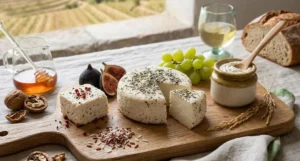 Selezione di formaggi di riso vegani artigianali con erbe, spezie e chicchi di riso su tagliere di legno.