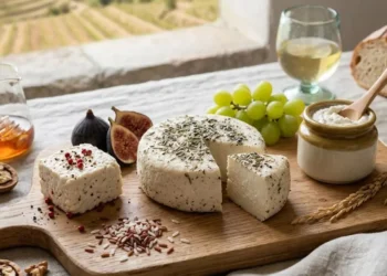 Formaggio di riso vegano: alternativa vegetale proteica Selezione di formaggi di riso vegani artigianali con erbe, spezie e chicchi di riso su tagliere di legno.
