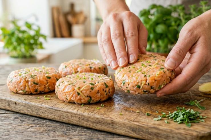 Iniziate a incorporare gli aromi a mano, amalgamando il composto per un paio di minuti. Dividete l’impasto in quattro parti uguali. Aiutandovi con un coppapasta o semplicemente modellando il composto con le mani inumidite, formate quattro burger compatti spessi circa due centimetri.