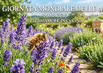 Giornata Mondiale delle Api - Ricette.com Ape operaia su fiori di lavanda in un giardino fiorito con arnia sullo sfondo per la Giornata Mondiale delle Api
