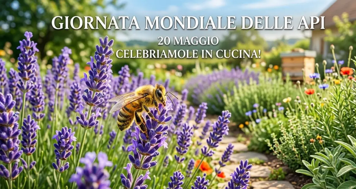 Ape operaia su fiori di lavanda in un giardino fiorito con arnia sullo sfondo per la Giornata Mondiale delle Api