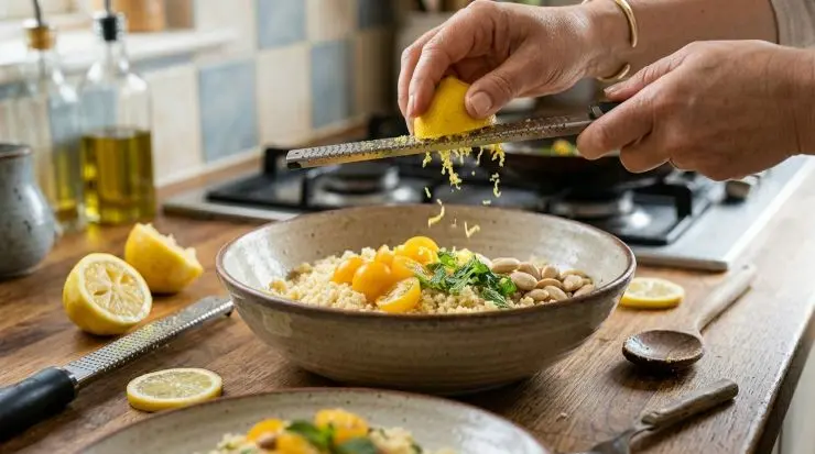 Concludete grattugiando la scorza di limone ed aggiungete una spruzzata di succo. Mescolate e lasciate insaporire almeno 10 minuti prima di servire, quindi gustate!