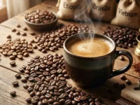 Una tazza di caffè espresso fumante su un tavolo in legno circondata da chicchi di caffè e sacchetti di iuta con scritte Etiopia, Brasile e Vietnam.