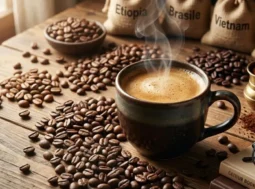 Varietà e origini del caffè - Ricette.com Una tazza di caffè espresso fumante su un tavolo in legno circondata da chicchi di caffè e sacchetti di iuta con scritte Etiopia, Brasile e Vietnam.