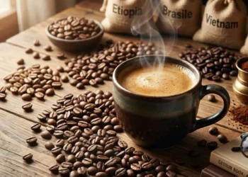 Una tazza di caffè espresso fumante su un tavolo in legno circondata da chicchi di caffè e sacchetti di iuta con scritte Etiopia, Brasile e Vietnam.