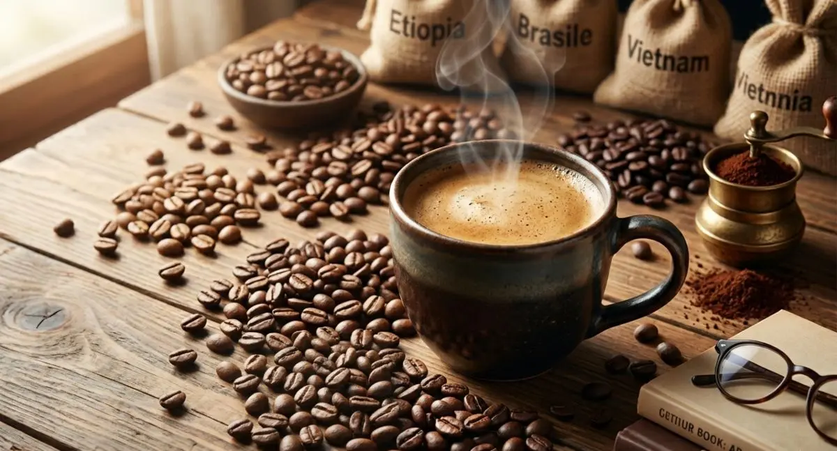 Una tazza di caffè espresso fumante su un tavolo in legno circondata da chicchi di caffè e sacchetti di iuta con scritte Etiopia, Brasile e Vietnam.