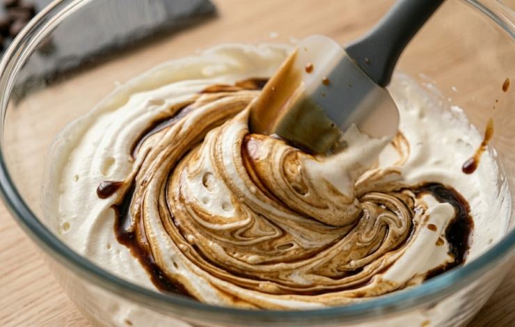 In una ciotola capiente, versate la panna fresca liquida ben fredda e montatela a neve ferma usando le fruste elettriche. In un’altra ciotola, mescolate il latte condensato con la tazzina di caffè rimasta ben fredda e l’estratto di vaniglia. Incorporate delicatamente questo mix alla panna montata, un po’ alla volta, con movimenti dal basso verso l’alto per ottenere una crema soffice e ariosa.